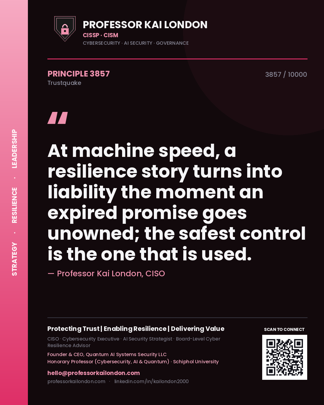 Professor Kai London principle 3857: At machine speed, a resilience story turns into liability the moment an expired promise goes unowned; the safest control is the one that is used.