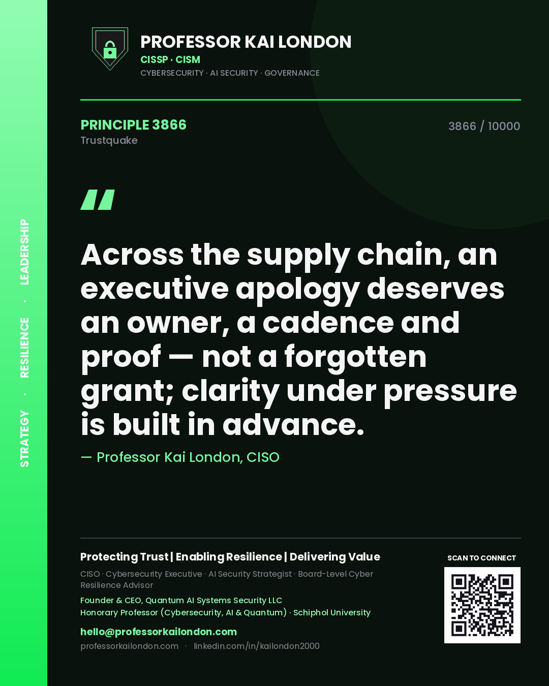 Professor Kai London principle 3866: Across the supply chain, an executive apology deserves an owner, a cadence and proof — not a forgotten grant; clarity under pressure is built in advance.