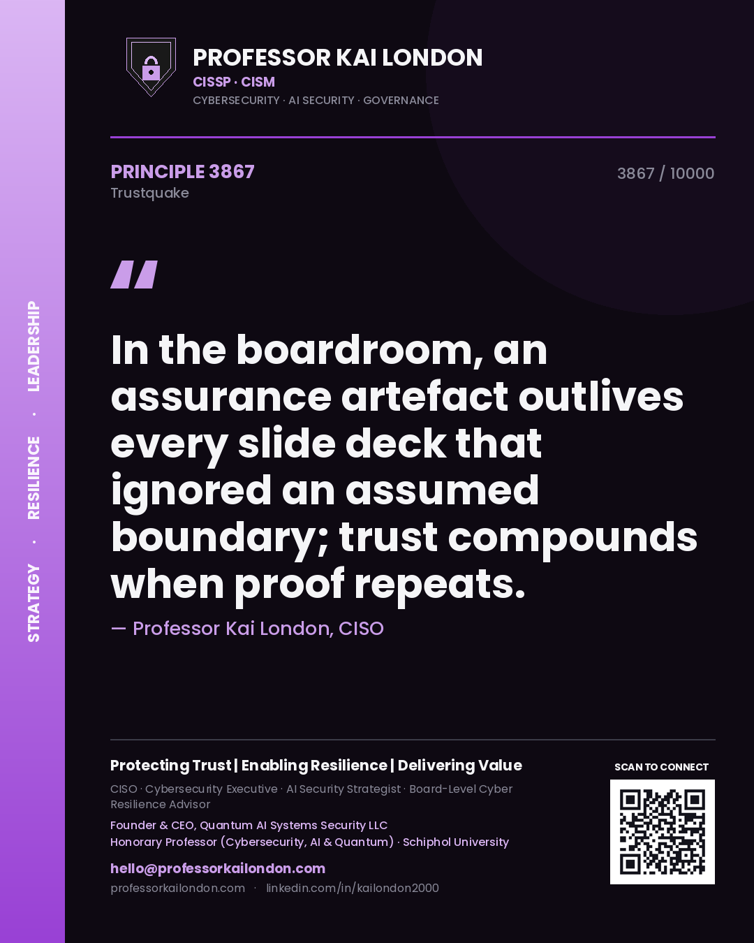 Professor Kai London principle 3867: In the boardroom, an assurance artefact outlives every slide deck that ignored an assumed boundary; trust compounds when proof repeats.