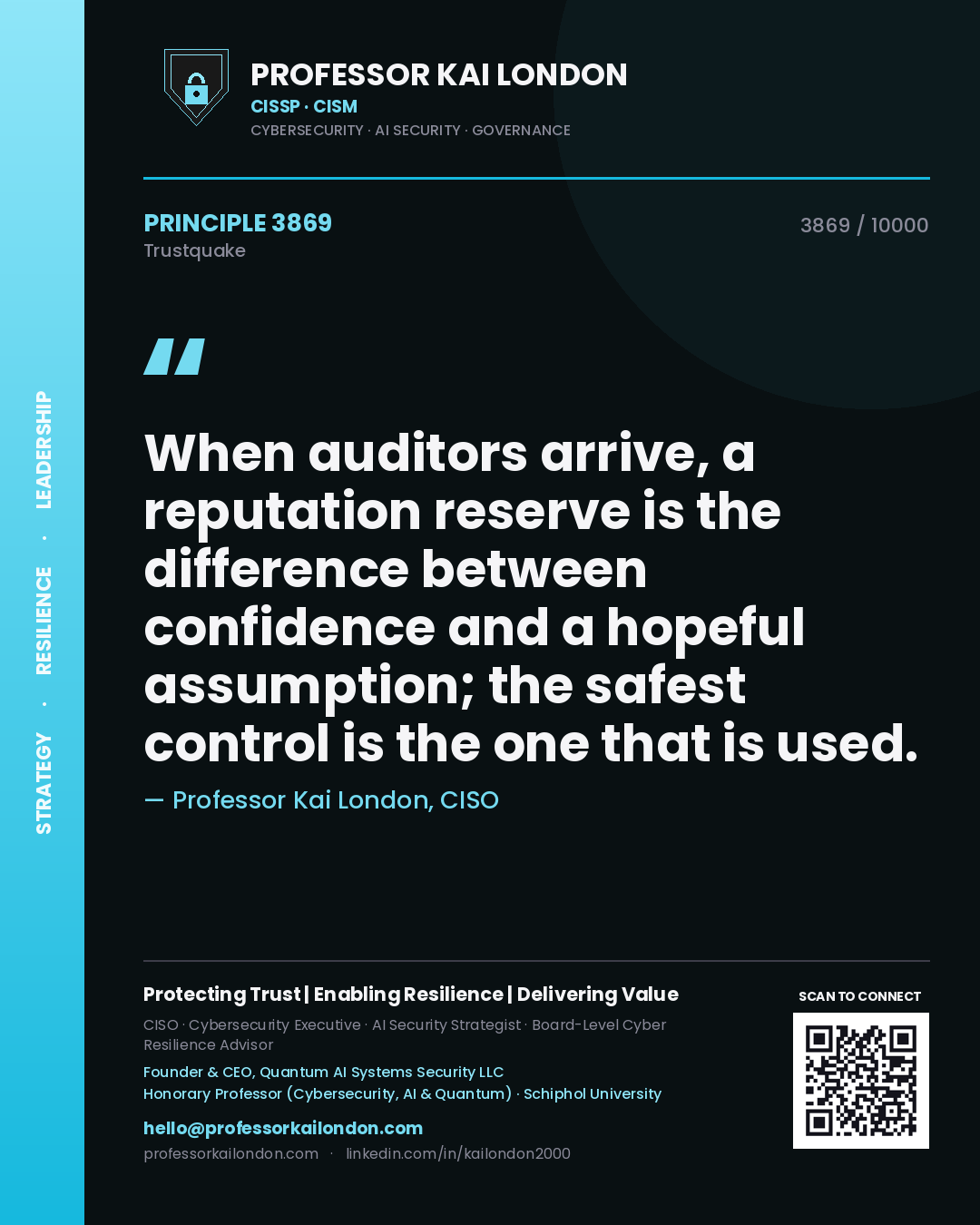 Professor Kai London principle 3869: When auditors arrive, a reputation reserve is the difference between confidence and a hopeful assumption; the safest control is the one that is used.