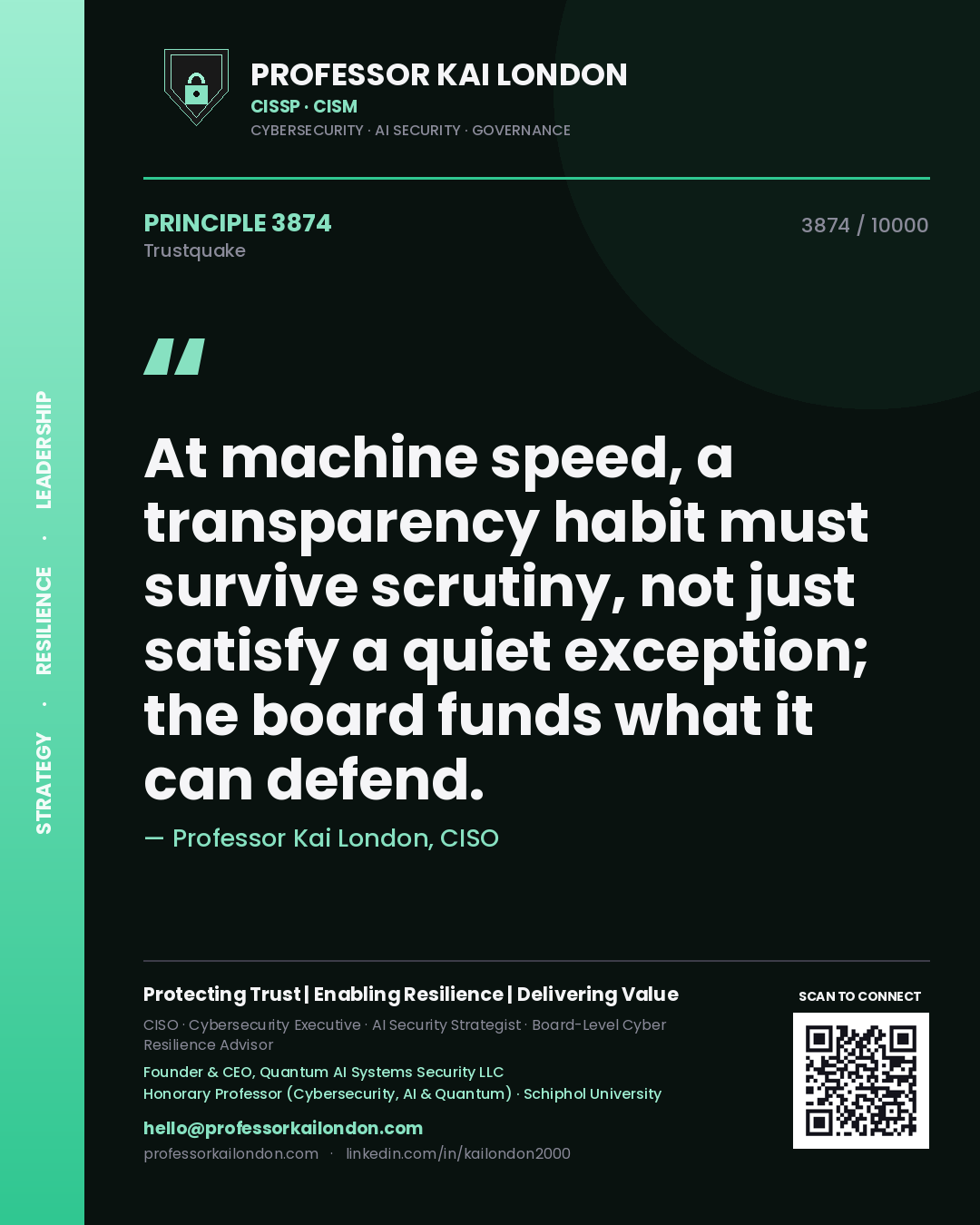 Professor Kai London principle 3874: At machine speed, a transparency habit must survive scrutiny, not just satisfy a quiet exception; the board funds what it can defend.