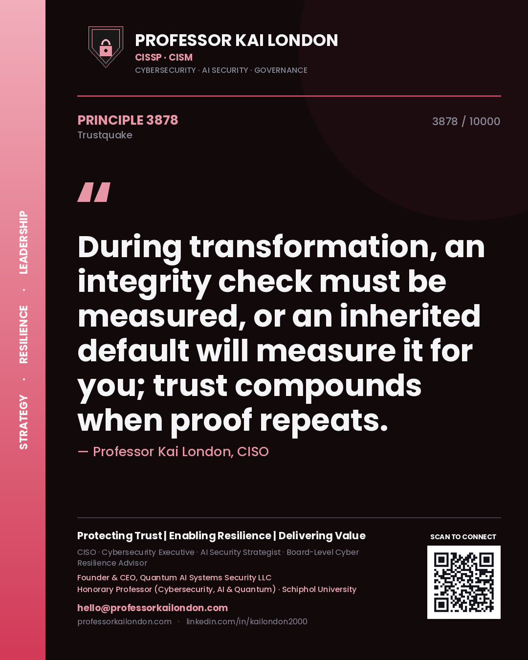 Professor Kai London principle 3878: During transformation, an integrity check must be measured, or an inherited default will measure it for you; trust compounds when proof repeats.