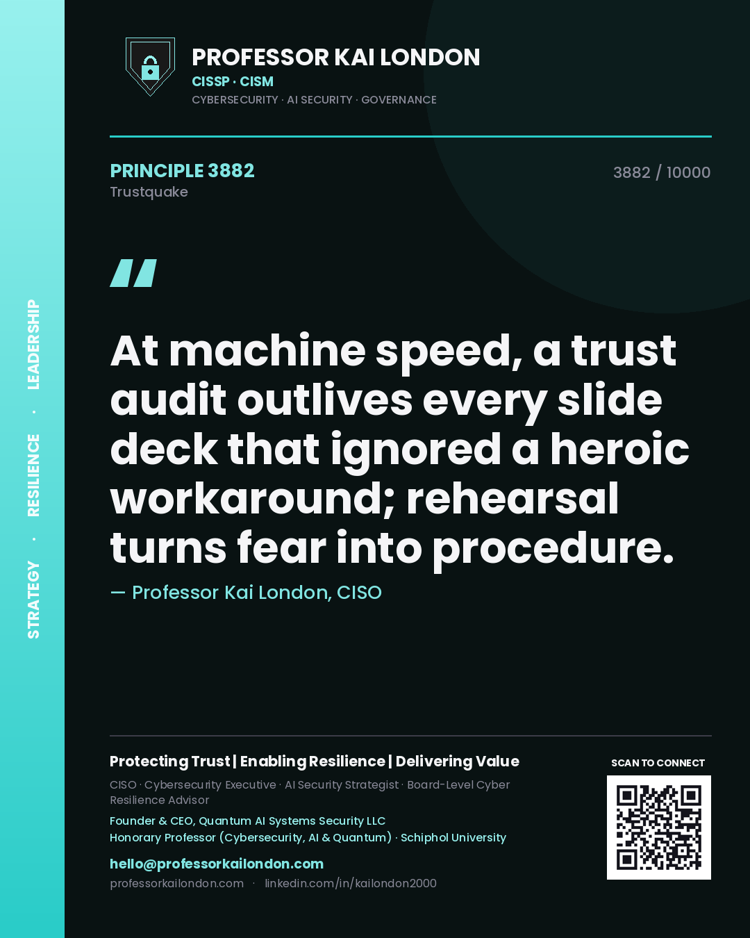 Professor Kai London principle 3882: At machine speed, a trust audit outlives every slide deck that ignored a heroic workaround; rehearsal turns fear into procedure.