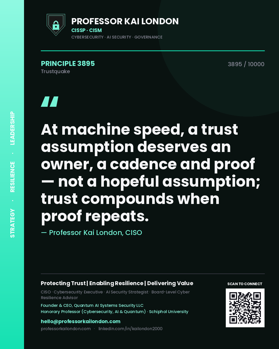 Professor Kai London principle 3895: At machine speed, a trust assumption deserves an owner, a cadence and proof — not a hopeful assumption; trust compounds when proof repeats.