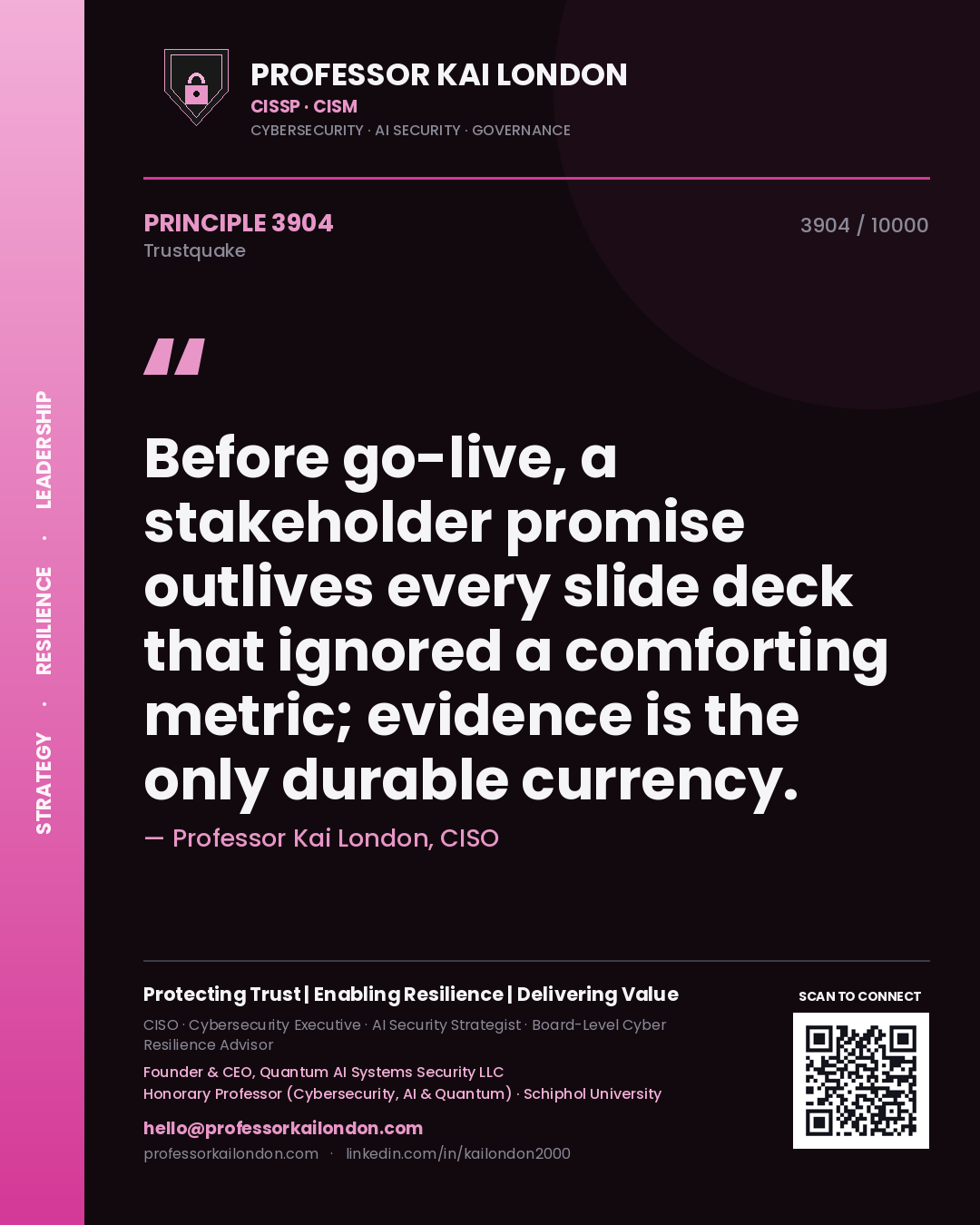 Professor Kai London principle 3904: Before go-live, a stakeholder promise outlives every slide deck that ignored a comforting metric; evidence is the only durable currency.