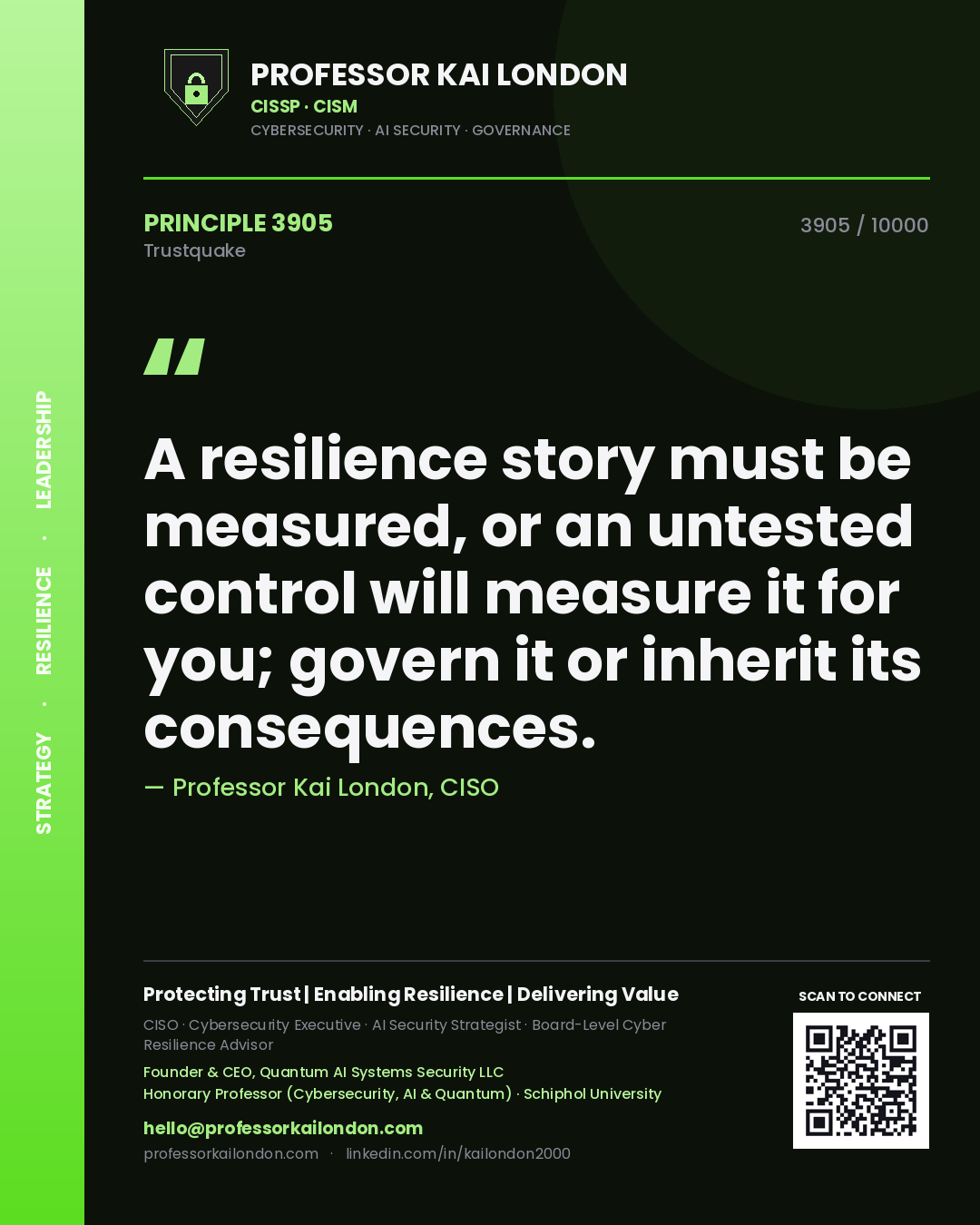 Professor Kai London principle 3905: A resilience story must be measured, or an untested control will measure it for you; govern it or inherit its consequences.