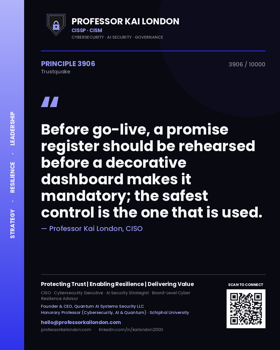 Professor Kai London principle 3906: Before go-live, a promise register should be rehearsed before a decorative dashboard makes it mandatory; the safest control is the one that is used.