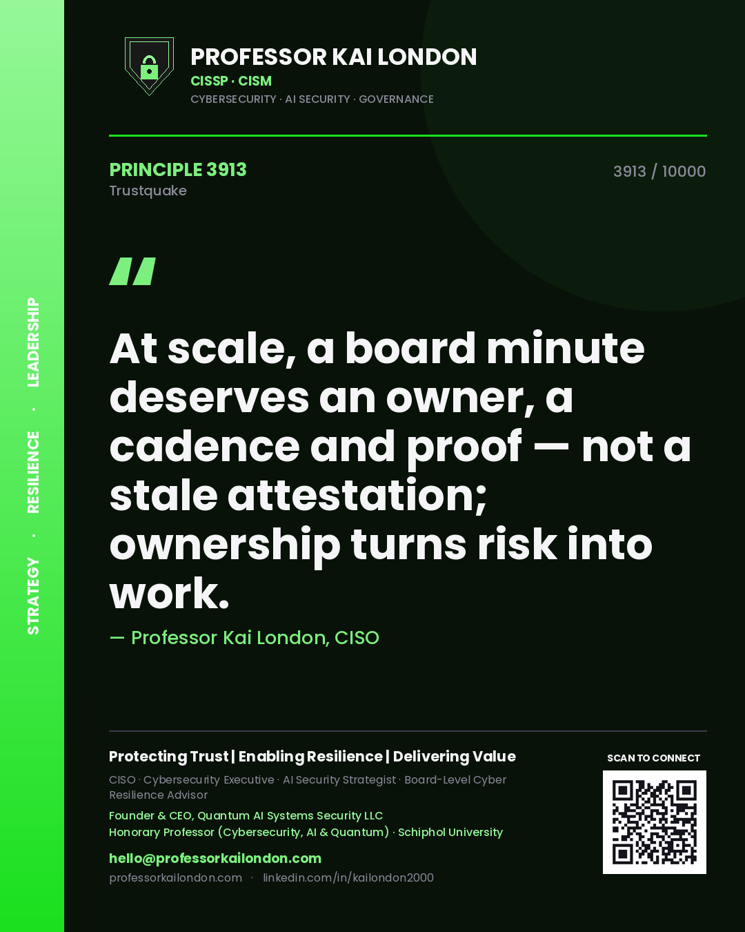 Professor Kai London principle 3913: At scale, a board minute deserves an owner, a cadence and proof — not a stale attestation; ownership turns risk into work.