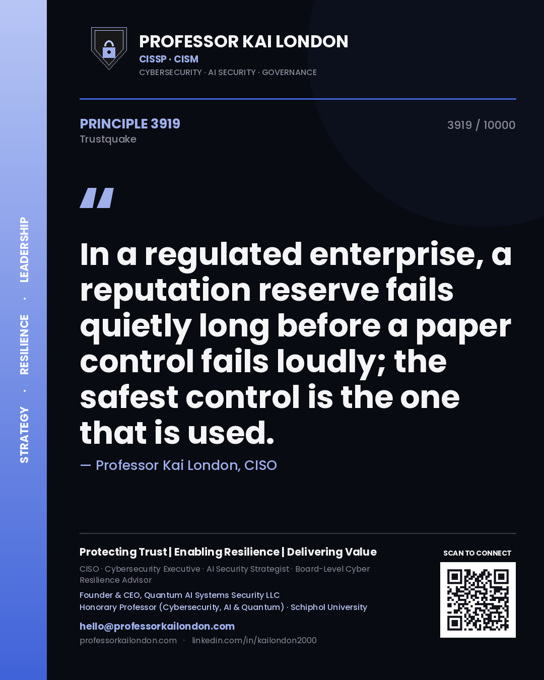 Professor Kai London principle 3919: In a regulated enterprise, a reputation reserve fails quietly long before a paper control fails loudly; the safest control is the one that is used.