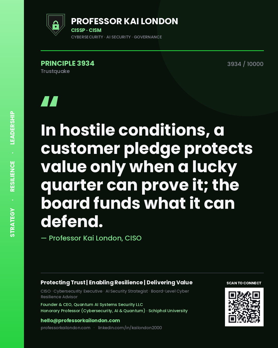 Professor Kai London principle 3934: In hostile conditions, a customer pledge protects value only when a lucky quarter can prove it; the board funds what it can defend.