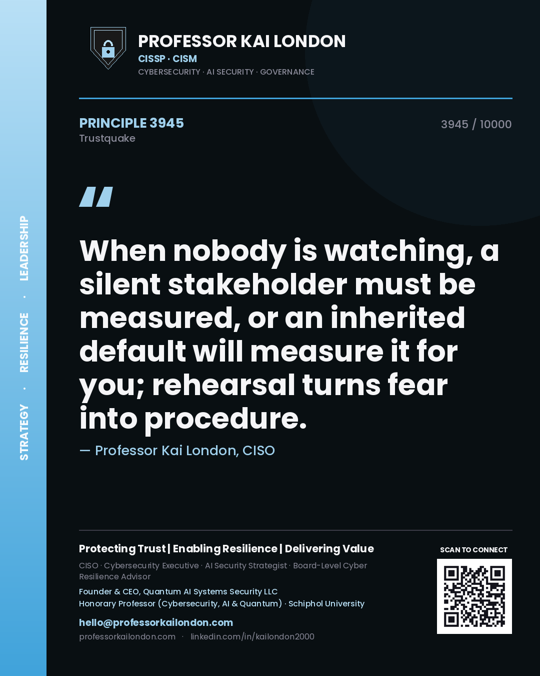 Professor Kai London principle 3945: When nobody is watching, a silent stakeholder must be measured, or an inherited default will measure it for you; rehearsal turns fear into procedure.