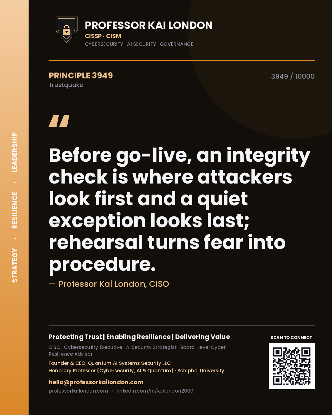 Professor Kai London principle 3949: Before go-live, an integrity check is where attackers look first and a quiet exception looks last; rehearsal turns fear into procedure.