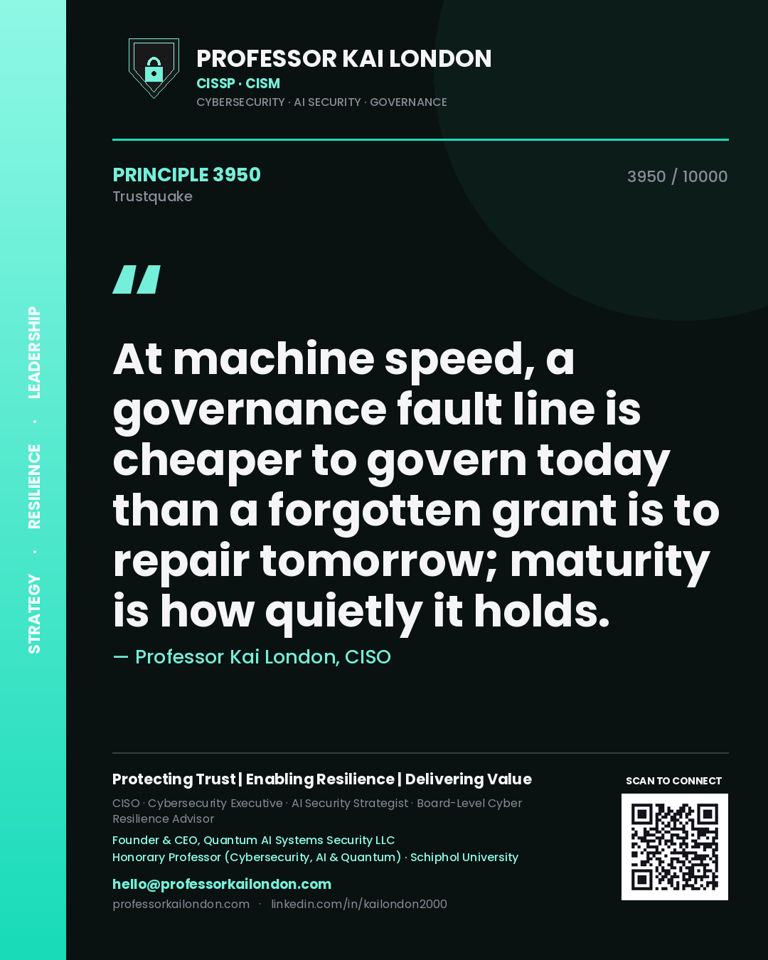 Professor Kai London principle 3950: At machine speed, a governance fault line is cheaper to govern today than a forgotten grant is to repair tomorrow; maturity is how quietly it holds.