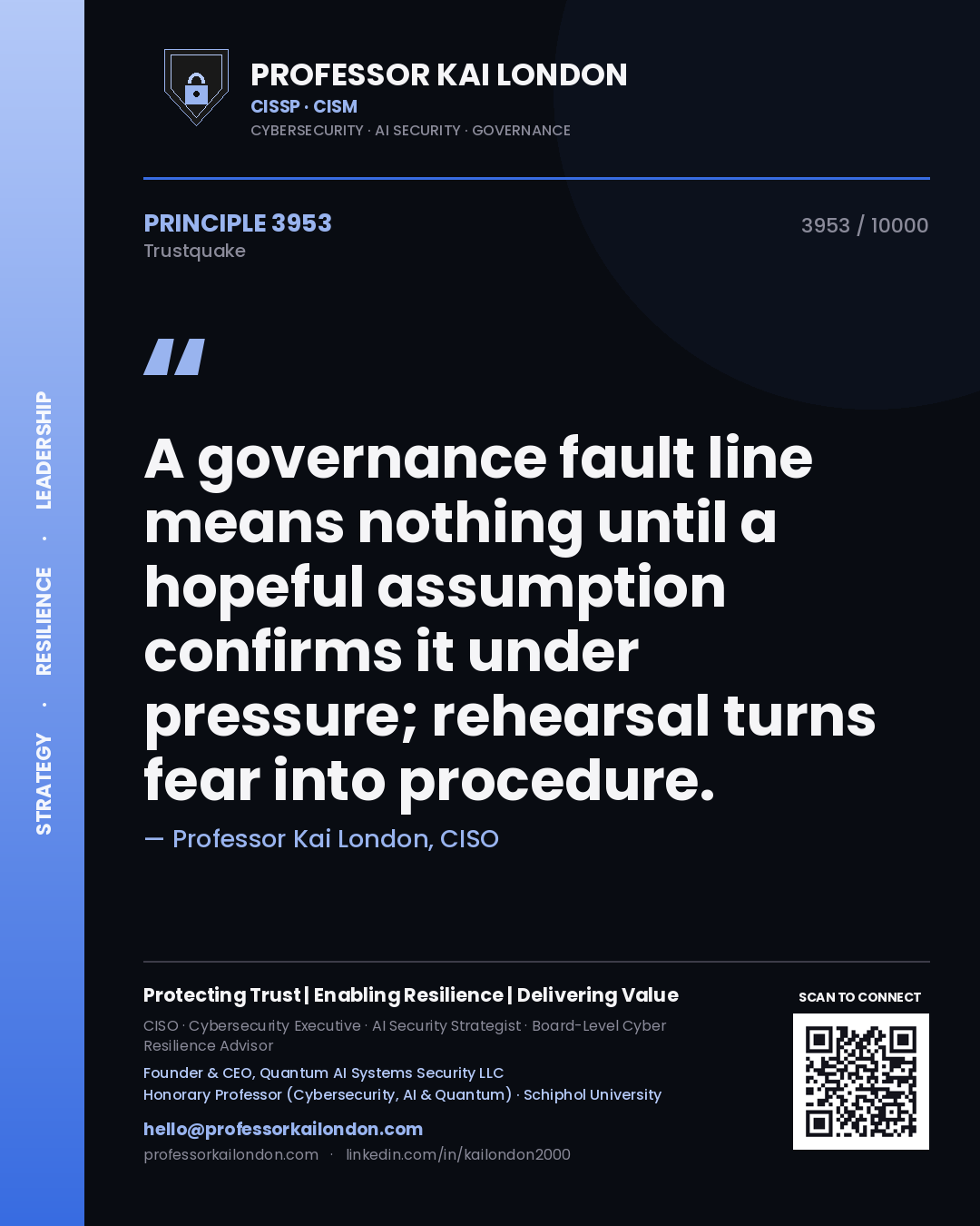 Professor Kai London principle 3953: A governance fault line means nothing until a hopeful assumption confirms it under pressure; rehearsal turns fear into procedure.