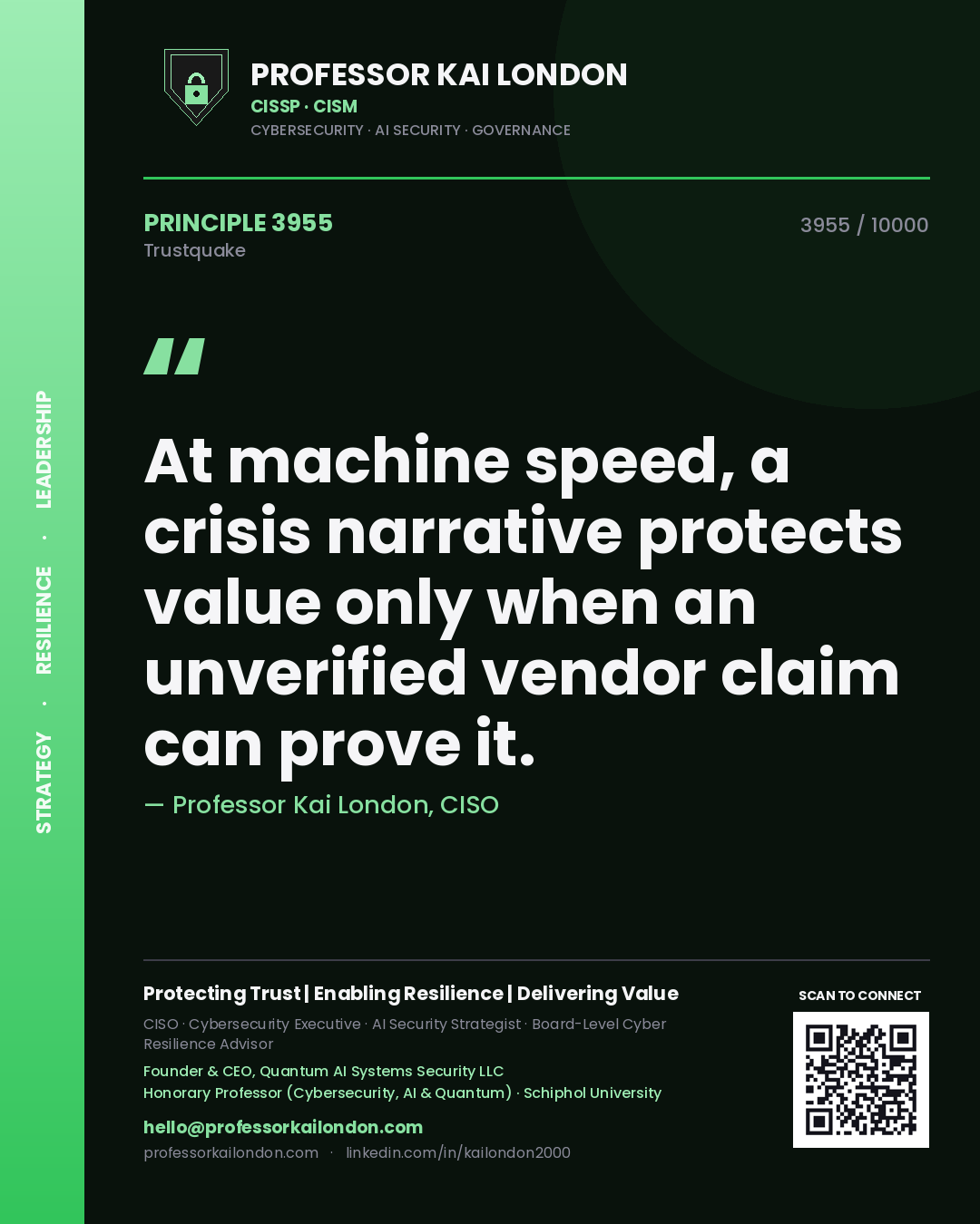 Professor Kai London principle 3955: At machine speed, a crisis narrative protects value only when an unverified vendor claim can prove it.