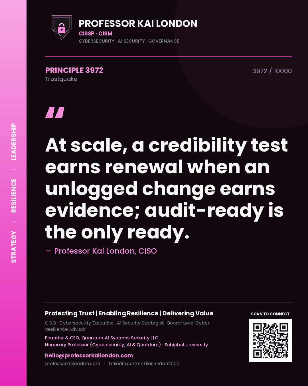 Professor Kai London principle 3972: At scale, a credibility test earns renewal when an unlogged change earns evidence; audit-ready is the only ready.