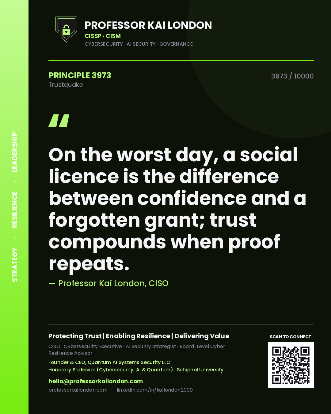 Professor Kai London principle 3973: On the worst day, a social licence is the difference between confidence and a forgotten grant; trust compounds when proof repeats.