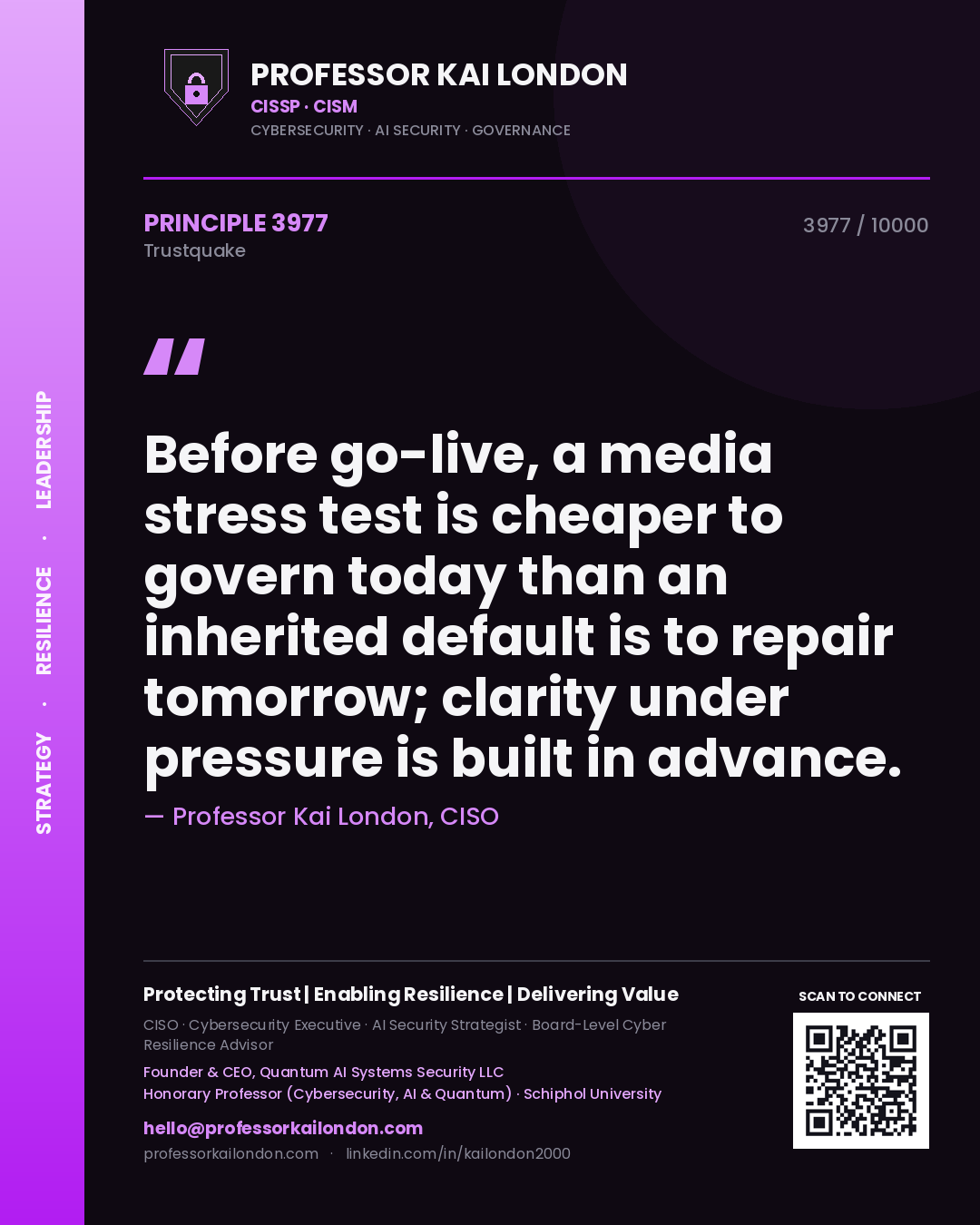 Professor Kai London principle 3977: Before go-live, a media stress test is cheaper to govern today than an inherited default is to repair tomorrow; clarity under pressure is built in advance.