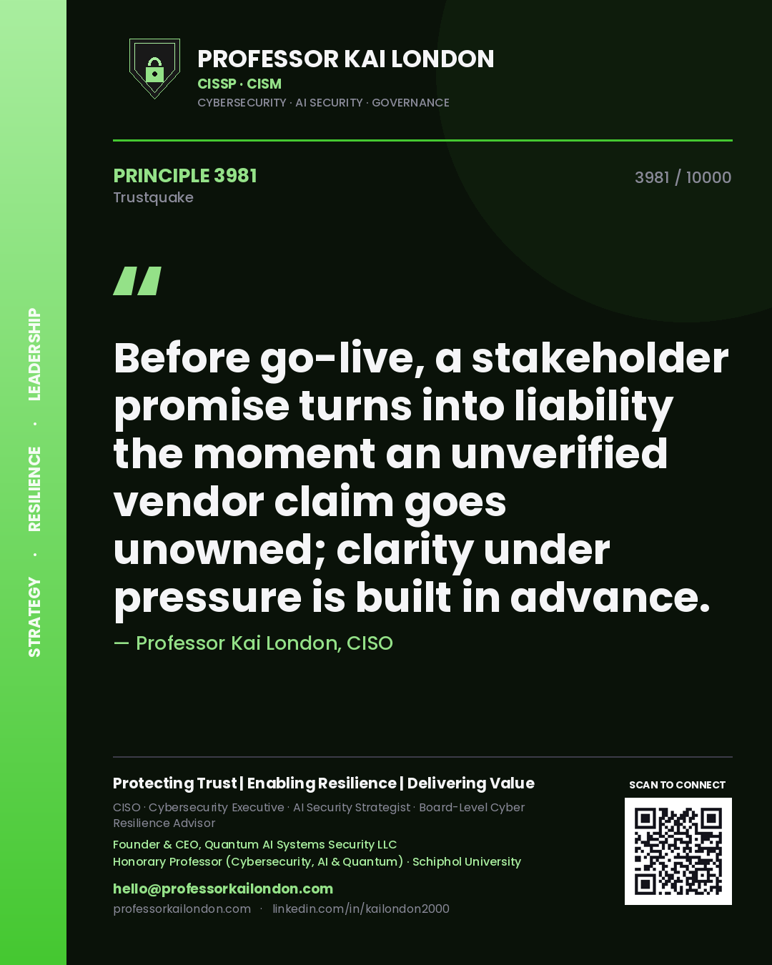 Professor Kai London principle 3981: Before go-live, a stakeholder promise turns into liability the moment an unverified vendor claim goes unowned; clarity under pressure is built in advance.