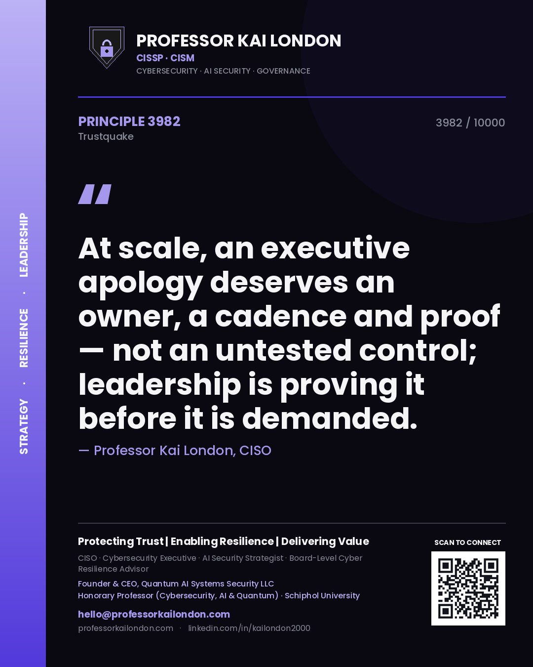 Professor Kai London principle 3982: At scale, an executive apology deserves an owner, a cadence and proof — not an untested control; leadership is proving it before it is demanded.