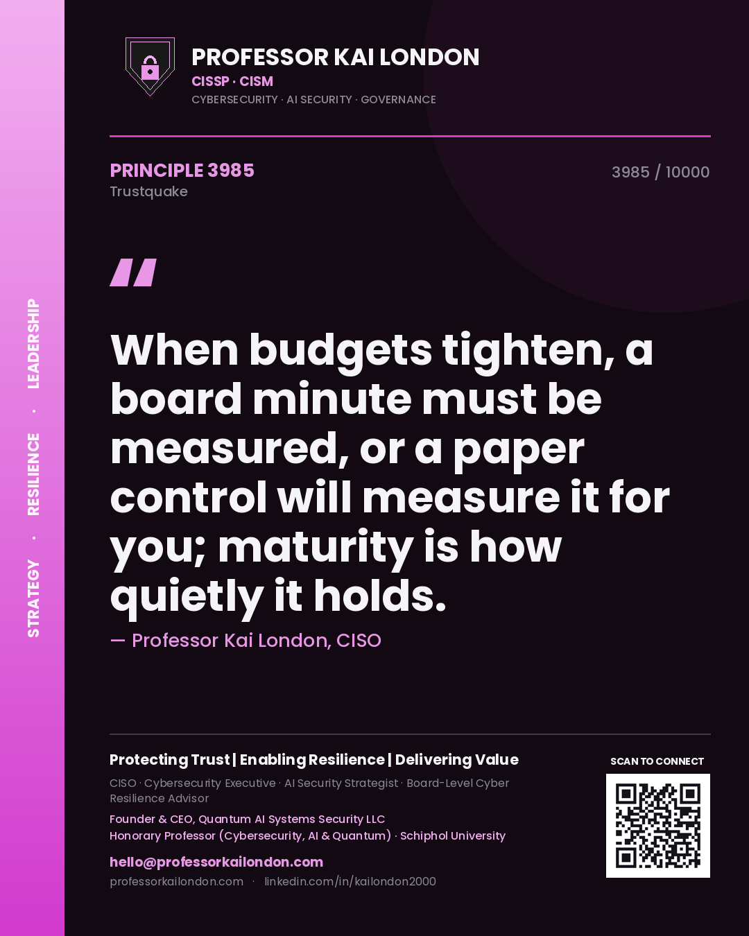 Professor Kai London principle 3985: When budgets tighten, a board minute must be measured, or a paper control will measure it for you; maturity is how quietly it holds.