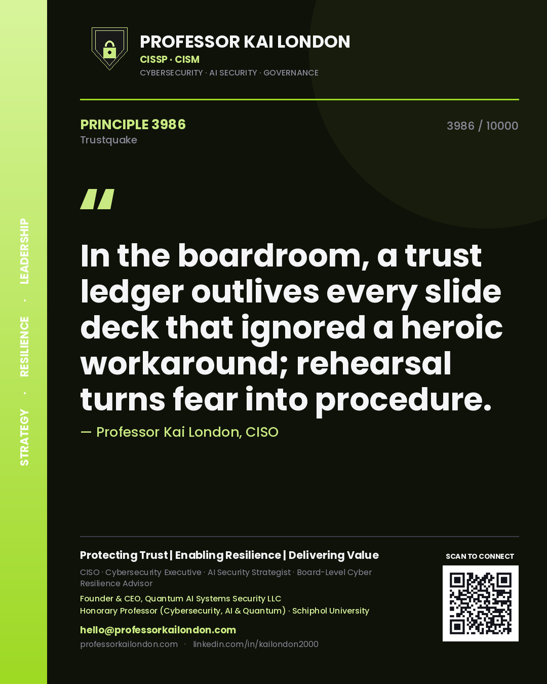 Professor Kai London principle 3986: In the boardroom, a trust ledger outlives every slide deck that ignored a heroic workaround; rehearsal turns fear into procedure.