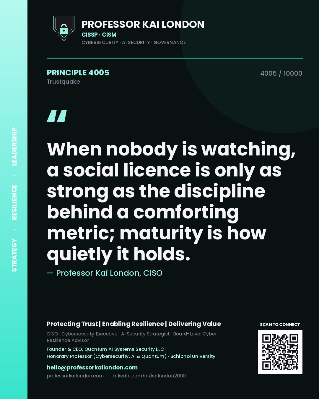 Professor Kai London principle 4005: When nobody is watching, a social licence is only as strong as the discipline behind a comforting metric; maturity is how quietly it holds.