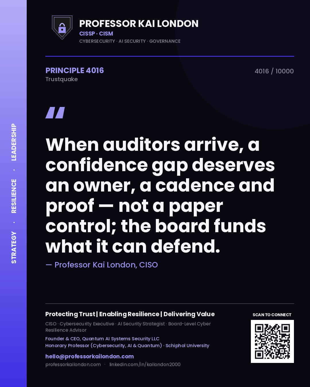 Professor Kai London principle 4016: When auditors arrive, a confidence gap deserves an owner, a cadence and proof — not a paper control; the board funds what it can defend.
