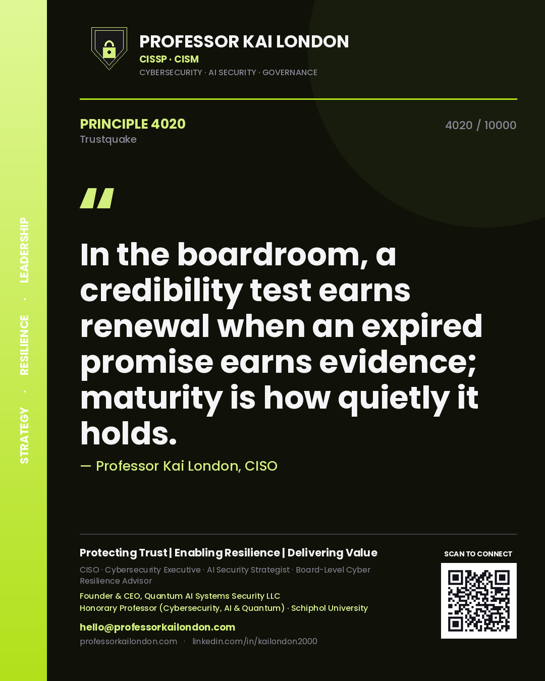 Professor Kai London principle 4020: In the boardroom, a credibility test earns renewal when an expired promise earns evidence; maturity is how quietly it holds.