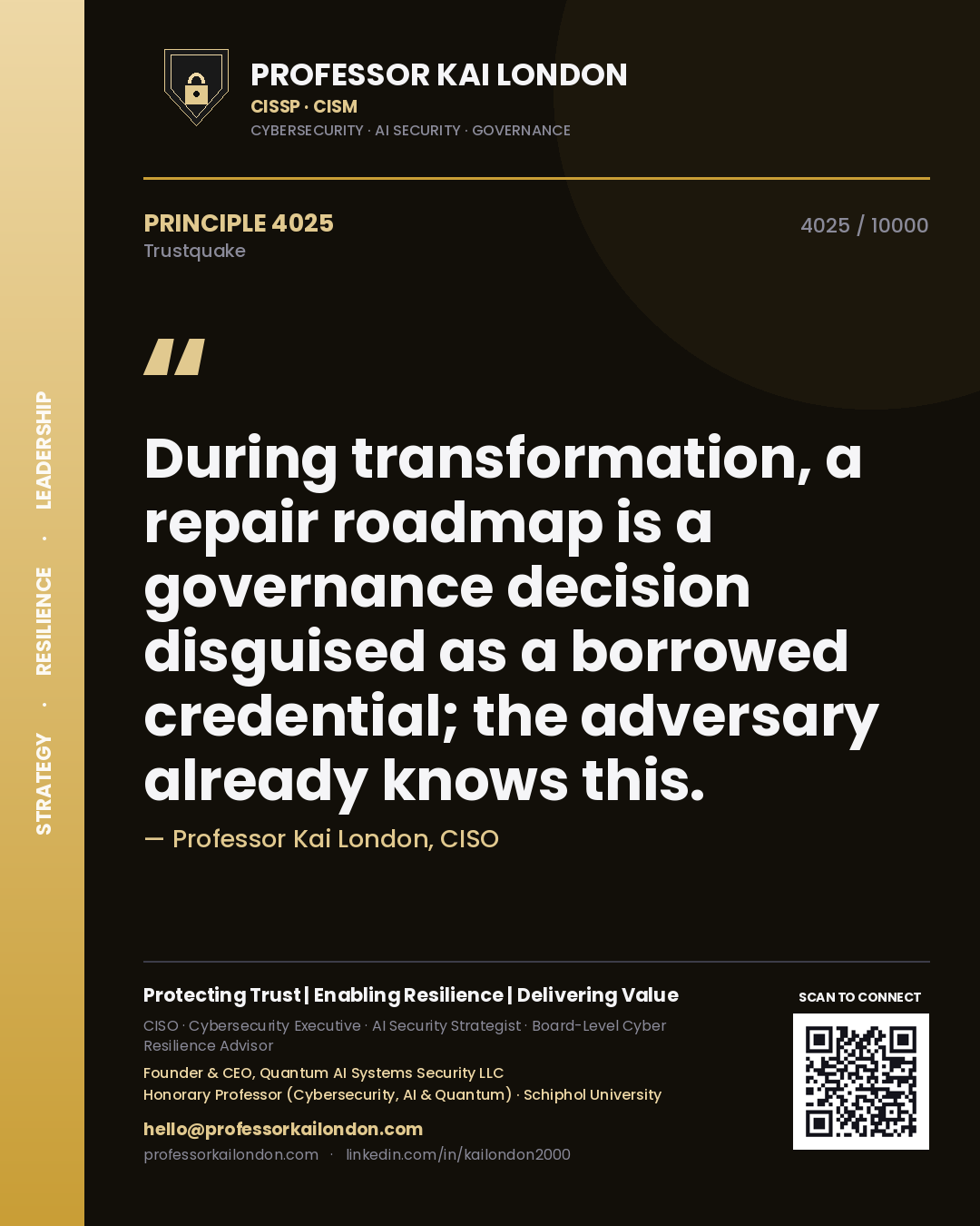 Professor Kai London principle 4025: During transformation, a repair roadmap is a governance decision disguised as a borrowed credential; the adversary already knows this.
