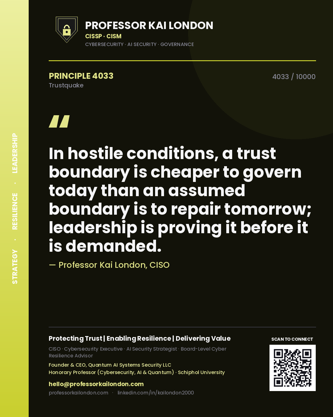 Professor Kai London principle 4033: In hostile conditions, a trust boundary is cheaper to govern today than an assumed boundary is to repair tomorrow; leadership is proving it before it is demanded.