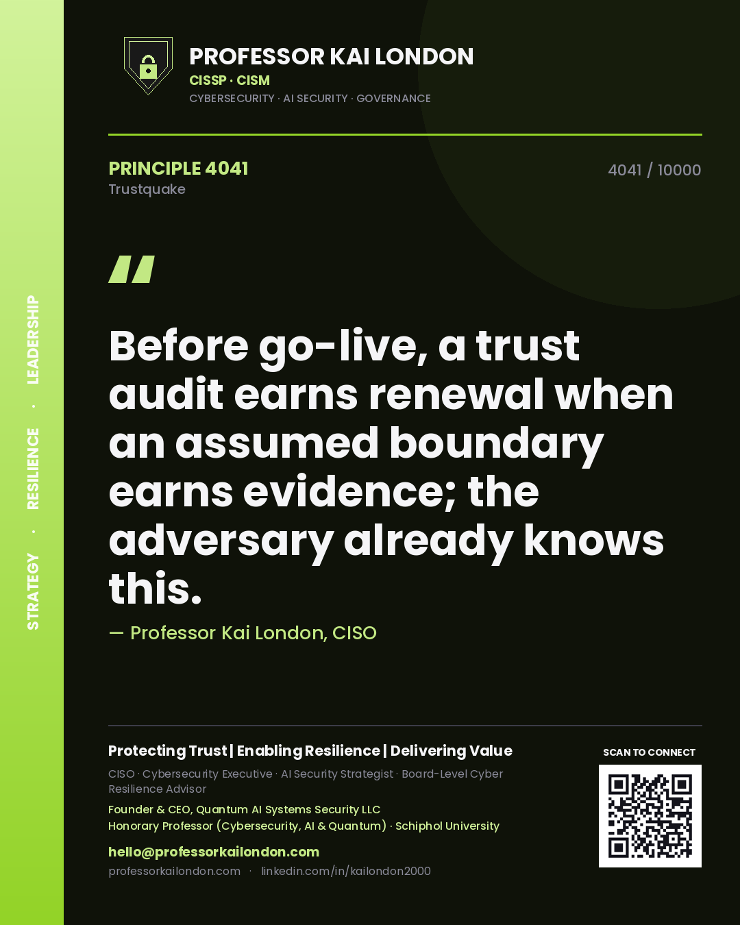 Professor Kai London principle 4041: Before go-live, a trust audit earns renewal when an assumed boundary earns evidence; the adversary already knows this.
