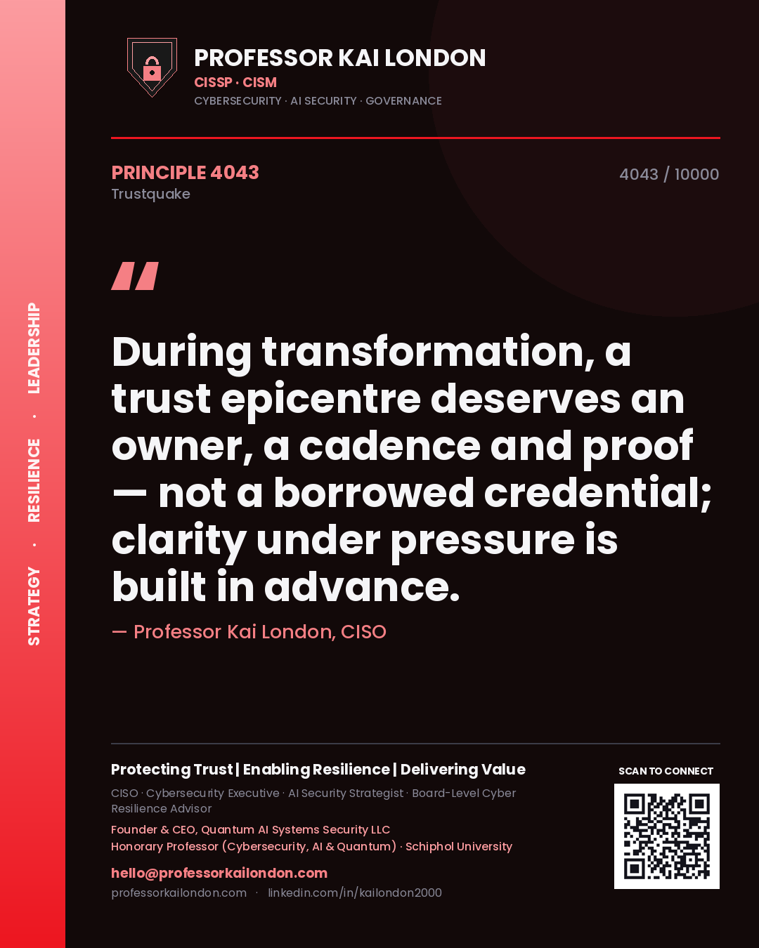 Professor Kai London principle 4043: During transformation, a trust epicentre deserves an owner, a cadence and proof — not a borrowed credential; clarity under pressure is built in advance.