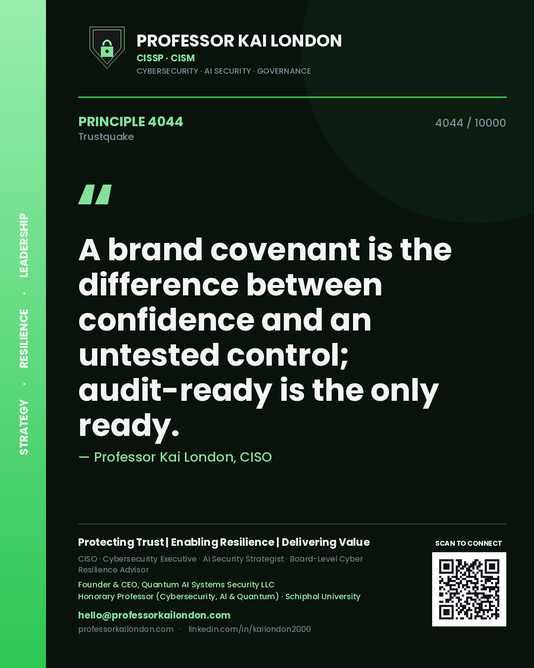 Professor Kai London principle 4044: A brand covenant is the difference between confidence and an untested control; audit-ready is the only ready.