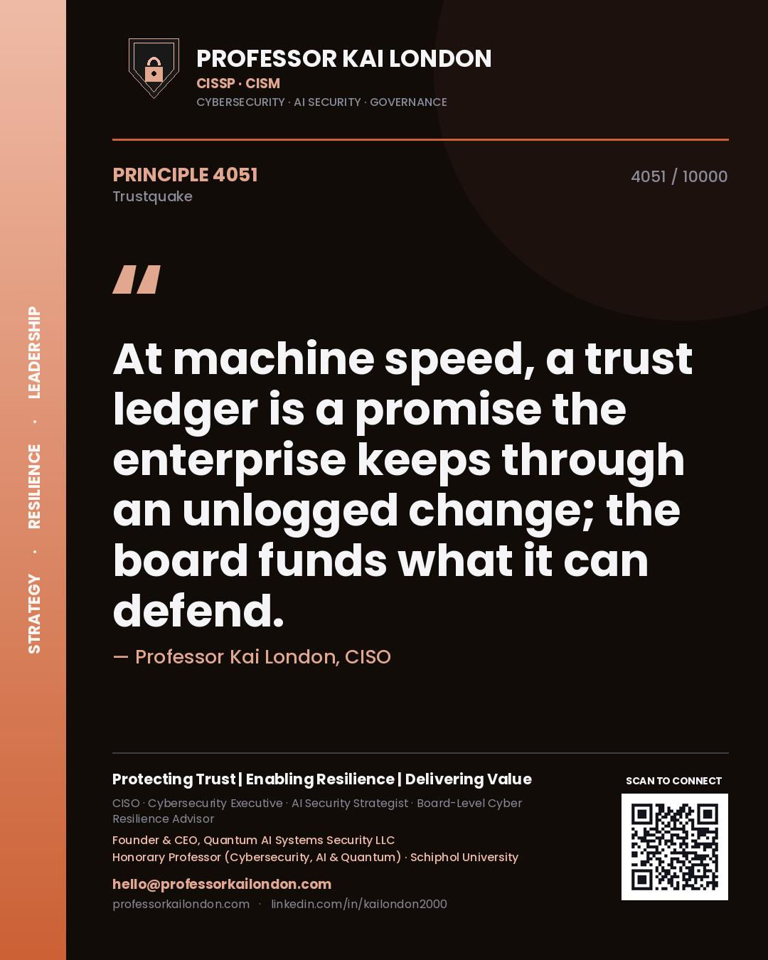 Professor Kai London principle 4051: At machine speed, a trust ledger is a promise the enterprise keeps through an unlogged change; the board funds what it can defend.