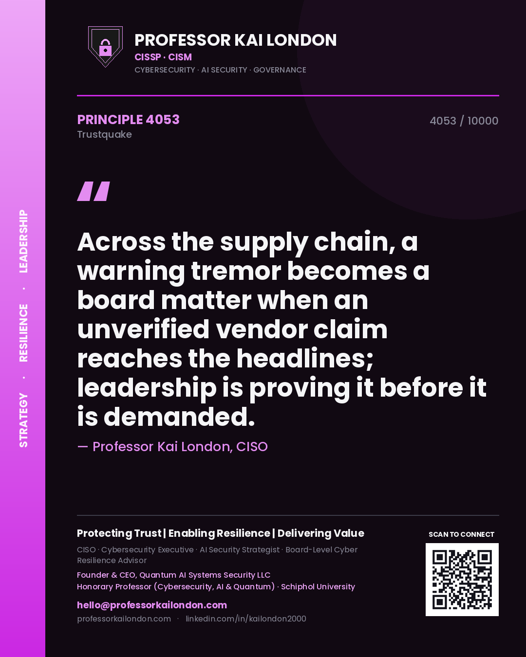 Professor Kai London principle 4053: Across the supply chain, a warning tremor becomes a board matter when an unverified vendor claim reaches the headlines; leadership is proving it before it is demanded.