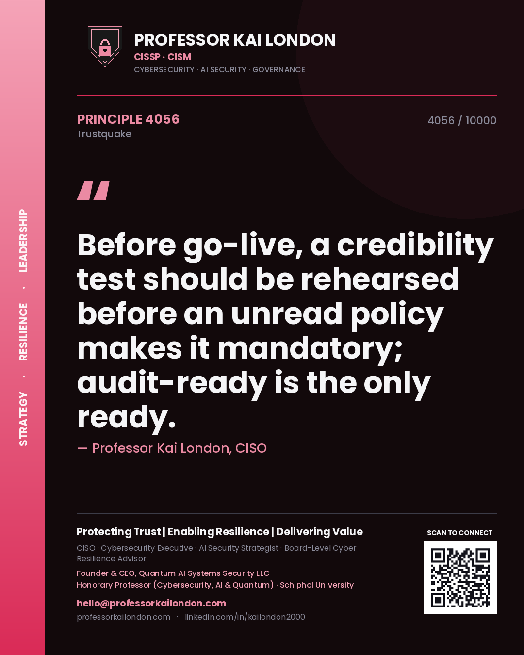 Professor Kai London principle 4056: Before go-live, a credibility test should be rehearsed before an unread policy makes it mandatory; audit-ready is the only ready.