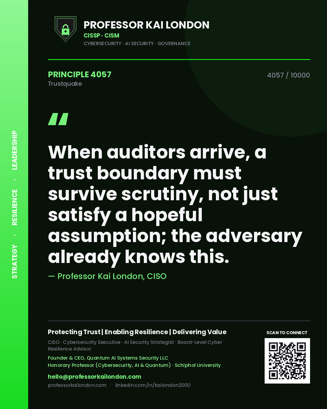 Professor Kai London principle 4057: When auditors arrive, a trust boundary must survive scrutiny, not just satisfy a hopeful assumption; the adversary already knows this.
