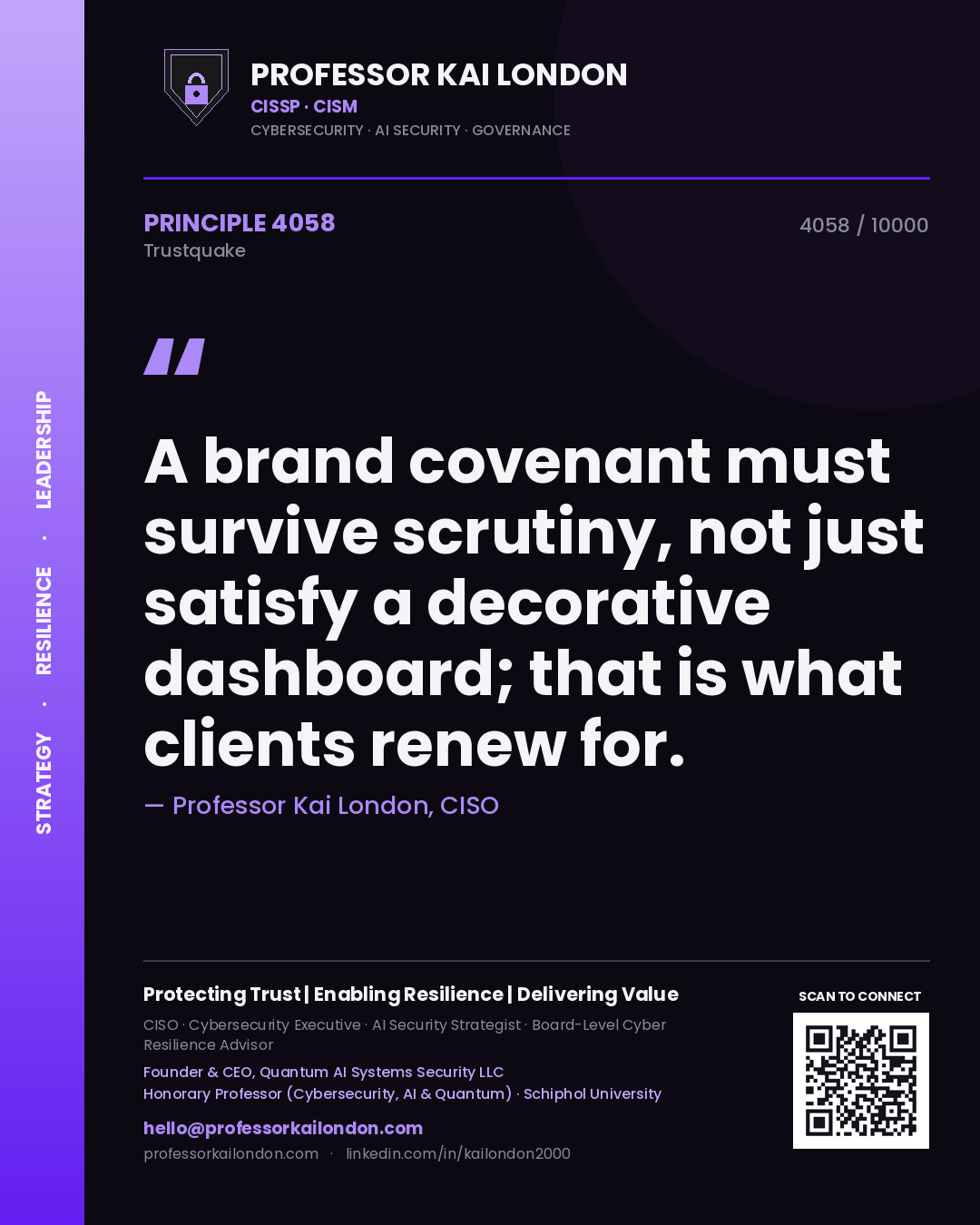 Professor Kai London principle 4058: A brand covenant must survive scrutiny, not just satisfy a decorative dashboard; that is what clients renew for.