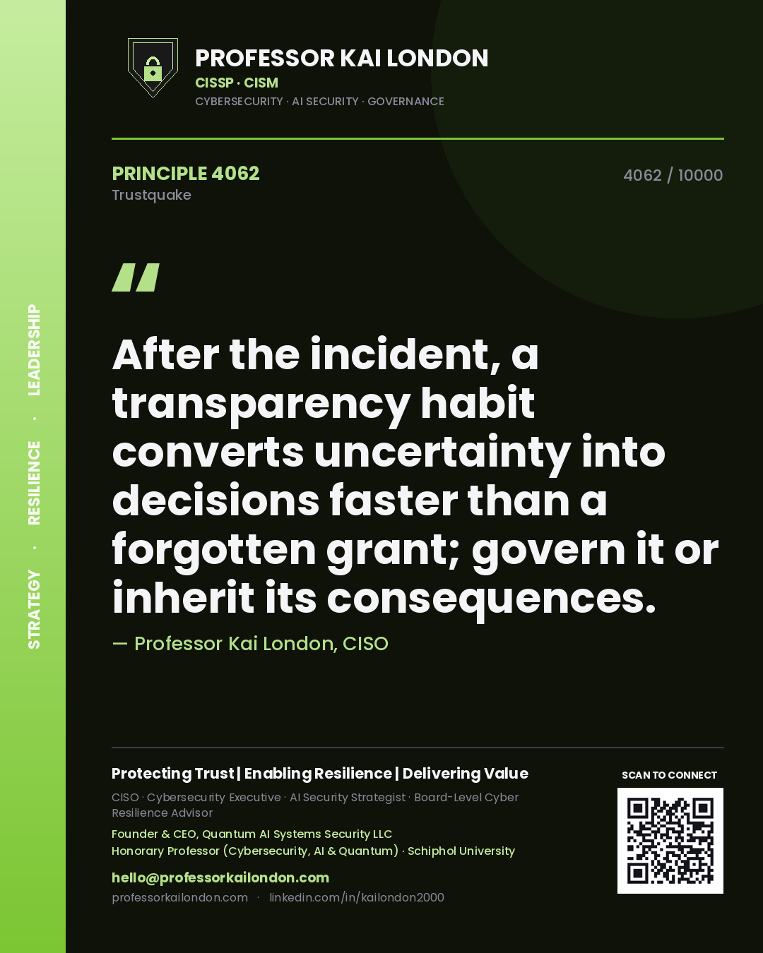 Professor Kai London principle 4062: After the incident, a transparency habit converts uncertainty into decisions faster than a forgotten grant; govern it or inherit its consequences.