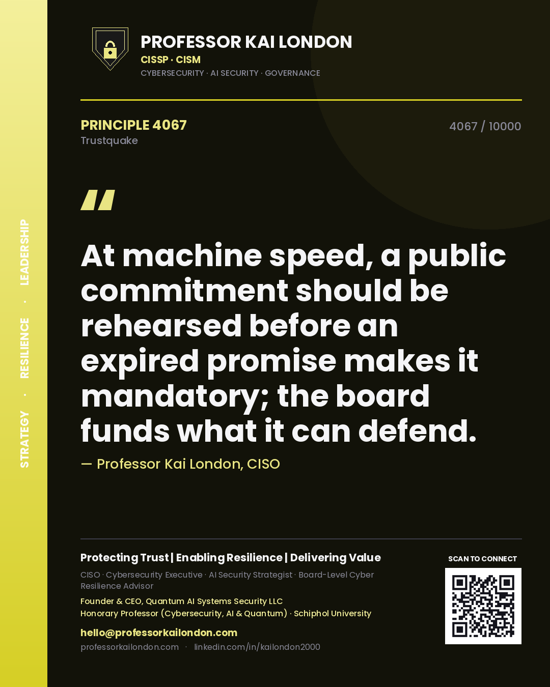 Professor Kai London principle 4067: At machine speed, a public commitment should be rehearsed before an expired promise makes it mandatory; the board funds what it can defend.