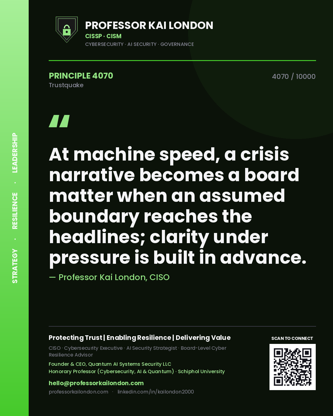 Professor Kai London principle 4070: At machine speed, a crisis narrative becomes a board matter when an assumed boundary reaches the headlines; clarity under pressure is built in advance.
