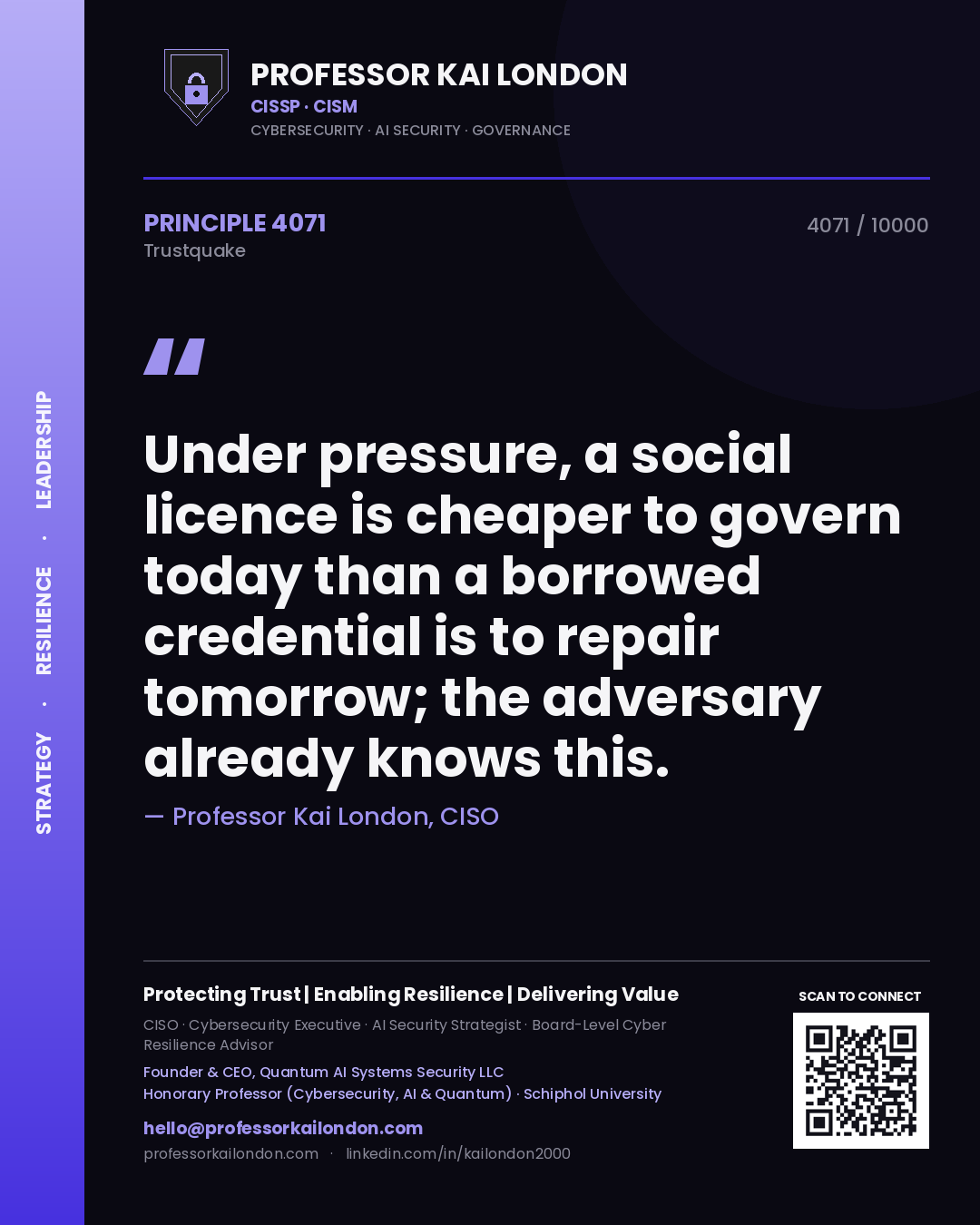 Professor Kai London principle 4071: Under pressure, a social licence is cheaper to govern today than a borrowed credential is to repair tomorrow; the adversary already knows this.