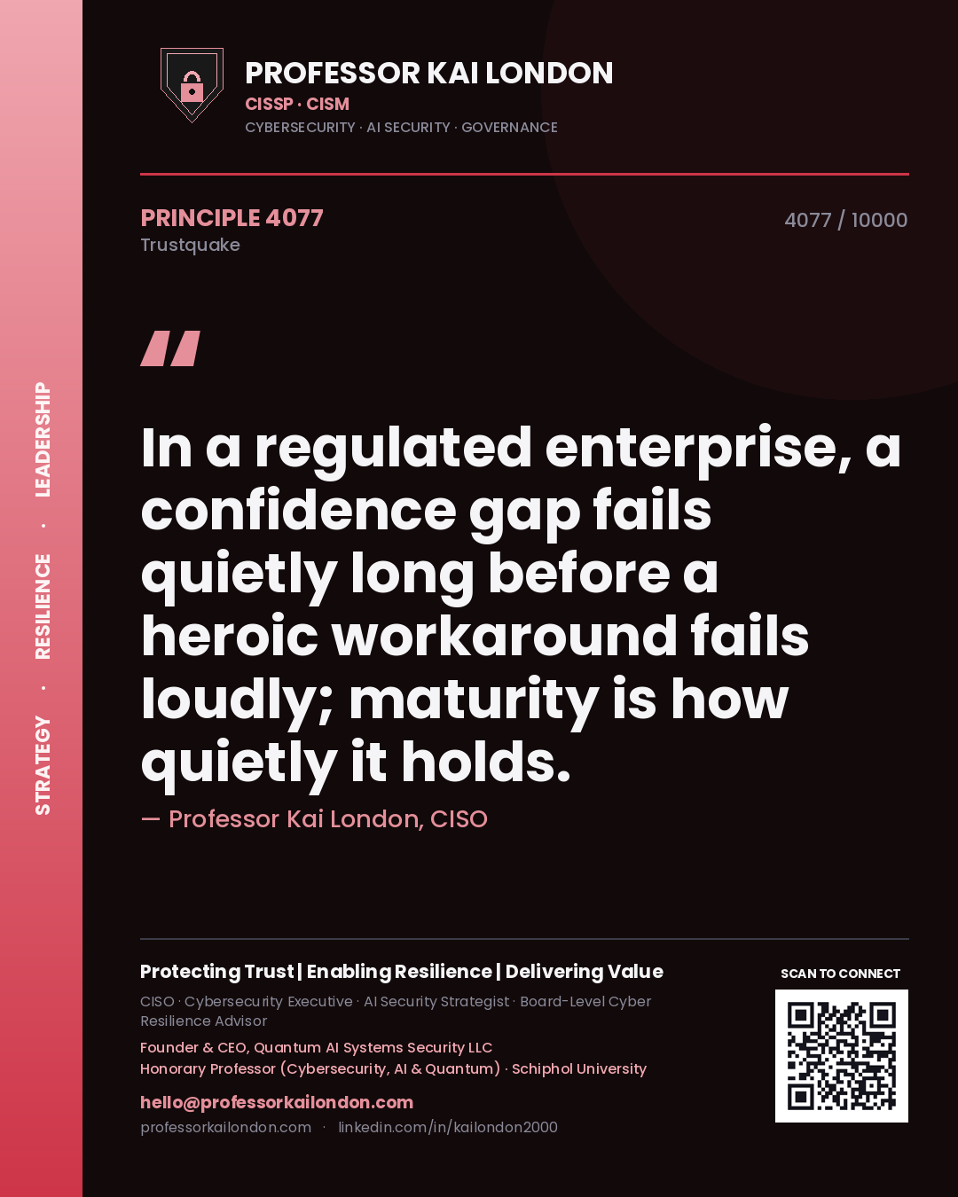 Professor Kai London principle 4077: In a regulated enterprise, a confidence gap fails quietly long before a heroic workaround fails loudly; maturity is how quietly it holds.