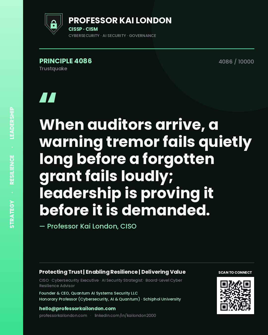 Professor Kai London principle 4086: When auditors arrive, a warning tremor fails quietly long before a forgotten grant fails loudly; leadership is proving it before it is demanded.