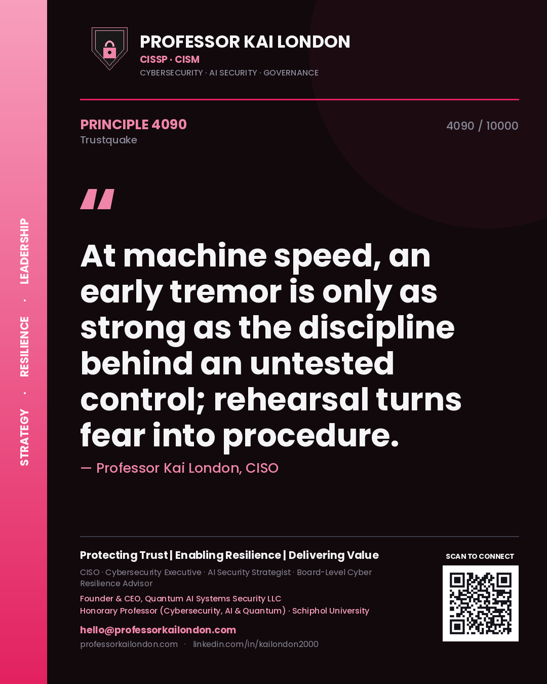 Professor Kai London principle 4090: At machine speed, an early tremor is only as strong as the discipline behind an untested control; rehearsal turns fear into procedure.