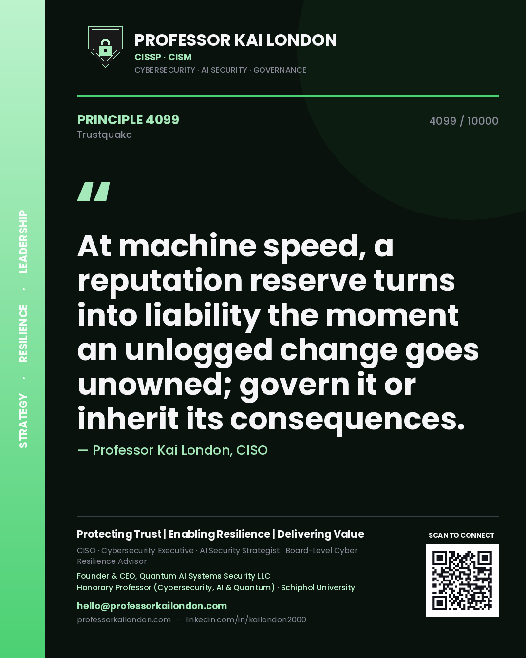 Professor Kai London principle 4099: At machine speed, a reputation reserve turns into liability the moment an unlogged change goes unowned; govern it or inherit its consequences.