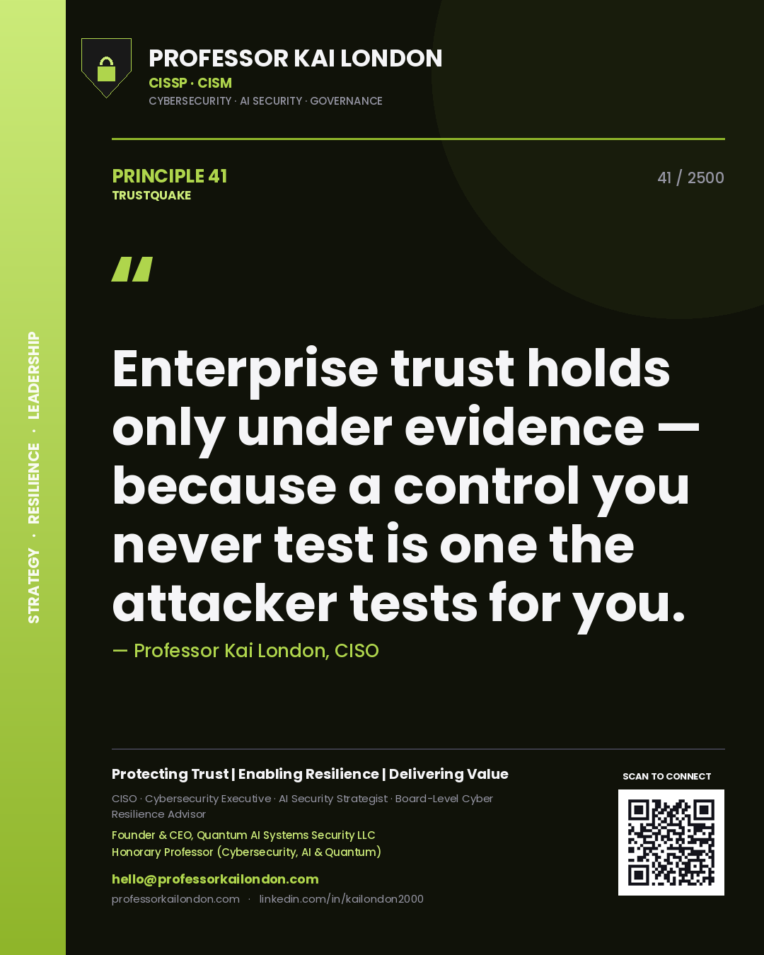 Professor Kai London principle 41: Enterprise trust holds only under evidence — because a control you never test is one the attacker tests for you.