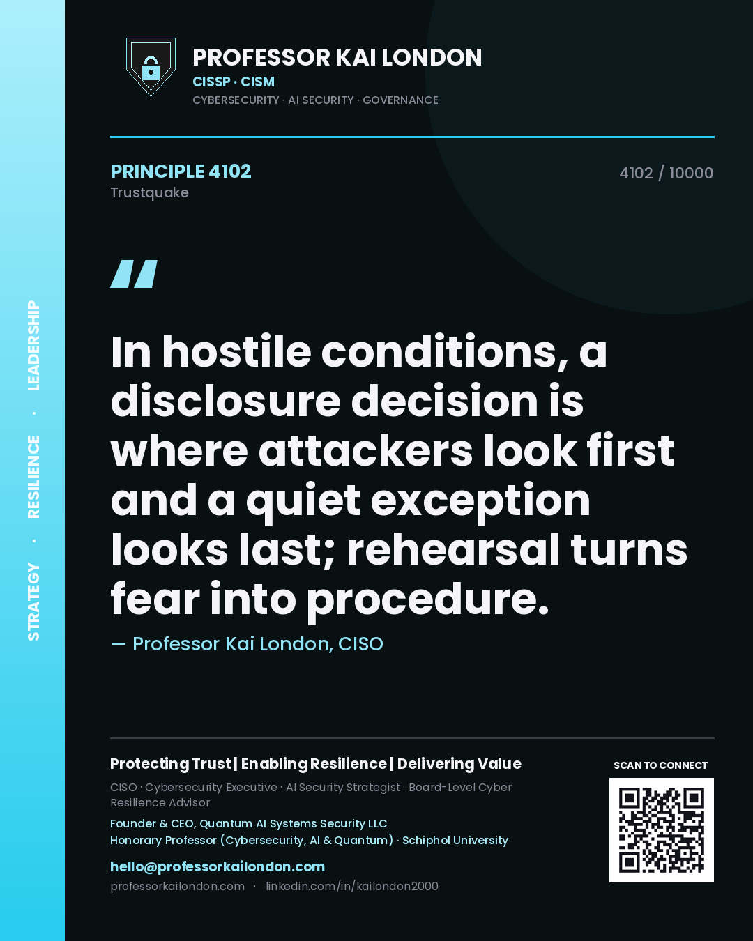 Professor Kai London principle 4102: In hostile conditions, a disclosure decision is where attackers look first and a quiet exception looks last; rehearsal turns fear into procedure.