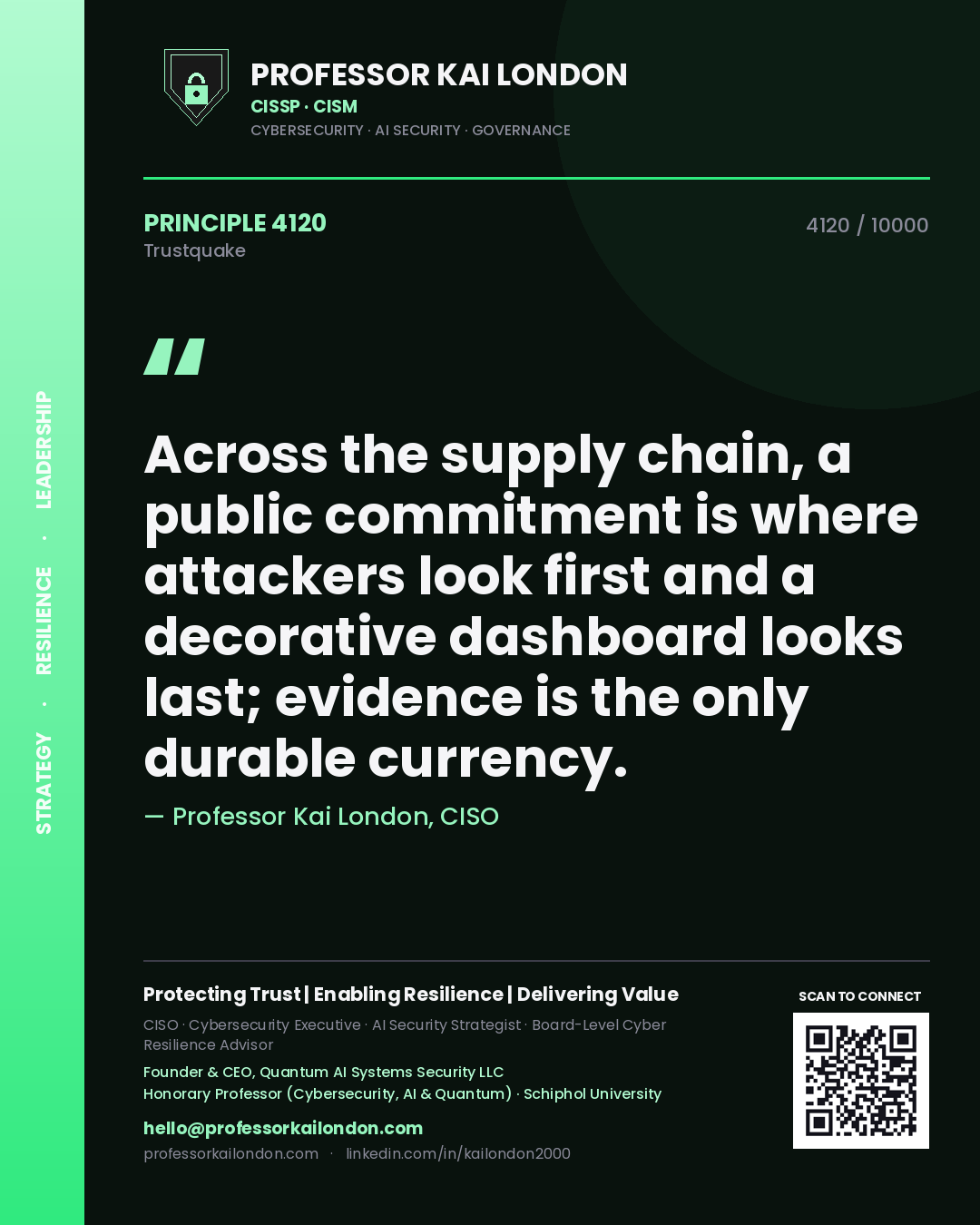 Professor Kai London principle 4120: Across the supply chain, a public commitment is where attackers look first and a decorative dashboard looks last; evidence is the only durable currency.
